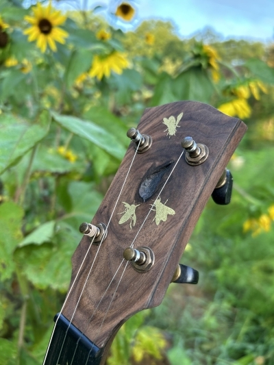 Beehive Landing on burled walnut (brass powder inlay)